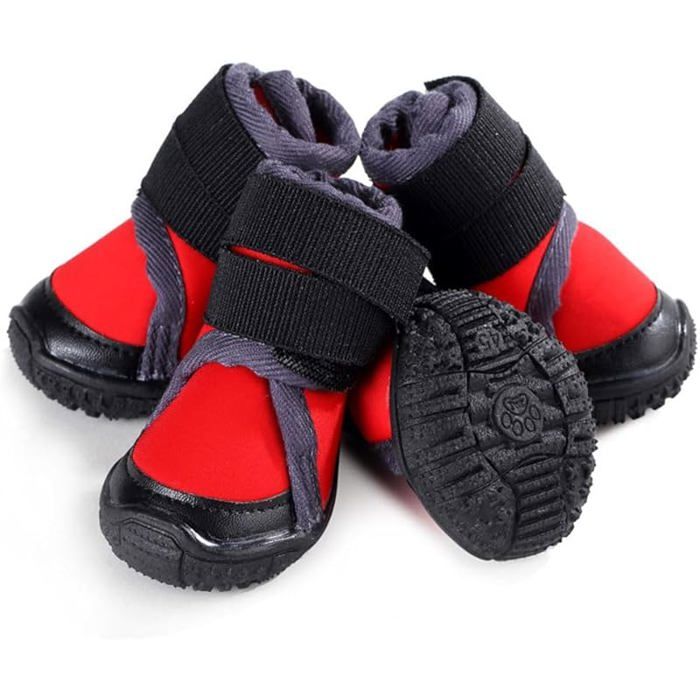 Meilleurs prix pour Lot de 4 bottes pour chien rouge hiver outdoor antidérapantes chaussons pratiques pour sorties PROTECTION DES PATTES -GUETRES