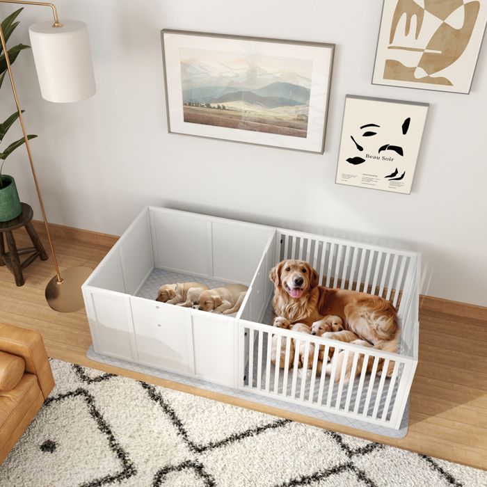 Boîte de mise bas pour chiens et chiots parc de mise bas pour chiens porte à hauteur réglable 166 x 80 x 50 cm blanc