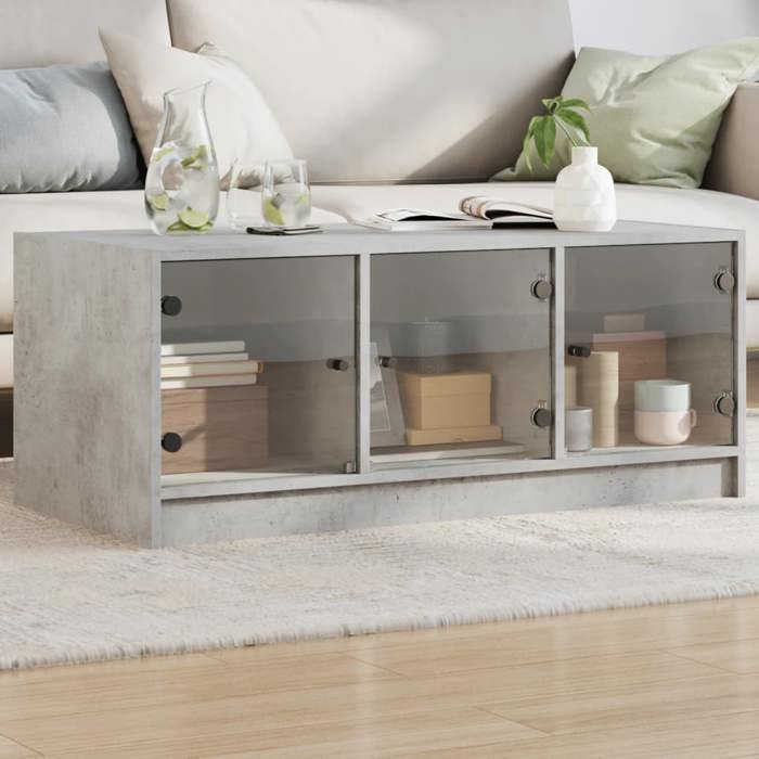 Table basse moderne contemporaine gris béton en bois dingénierie et verre rangement intégré 102 x 50 x 42 cm pour salon