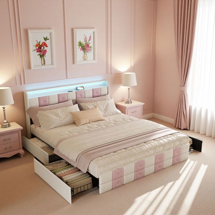Lit double 140x200 cm Lit 140x200 cm Lit adulte 140x200 avec 4 tiroirs et sommier Lumineuse LED et USB Tissu velours Rose