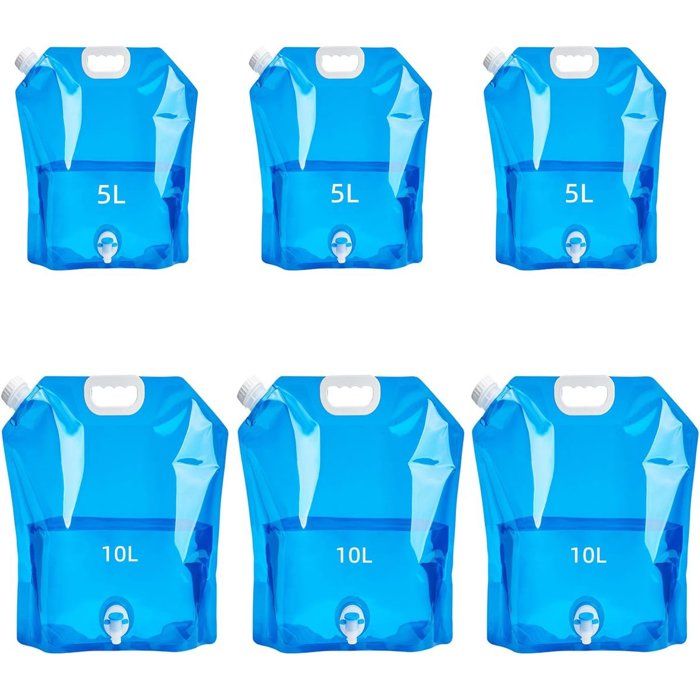 Lot de 6 poches à eau pliables avec robinet - 5 et 10 litres - Récipient à eau - Gourde durgence - Jerrican deau de camping -