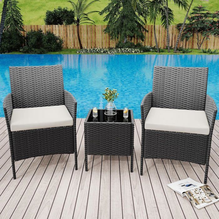 Ensemble de meubles de patio 3 pièces - LUNSY - Coussins rembourrés épais - Osier résistant aux intempéries