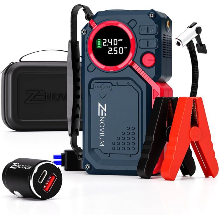 Booster 2500A 12V 18000mAh Ultrasafe Jump Starter Compresseur 150Psi Charge Rapide 3.0 Étui Imperméable