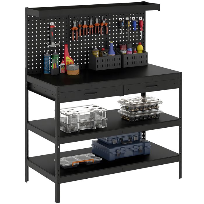 Établi dAtelier - HOMCOM - Panneau Perforé - 2 Tiroirs et 2 Étagères Réglables - Charge Max. 272 kg - Acier - 122x61x156cm - Noir