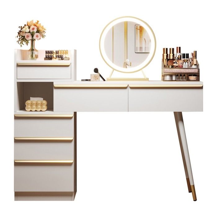 Coiffeuse Moderne Blanc Miroir LED Lumière Variable 6 Tiroirs Poignées Dorées 102x100x41cm