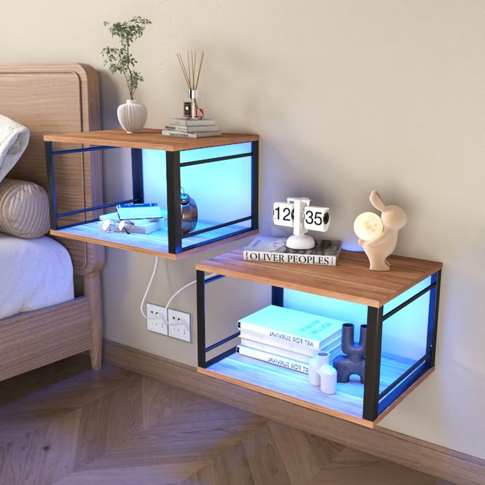 Lot de 2 Table de chevet flottantes murales - 2 Rangement ouvert - Bande lumineuse LED - En Panneaux de particules et métal - Marron