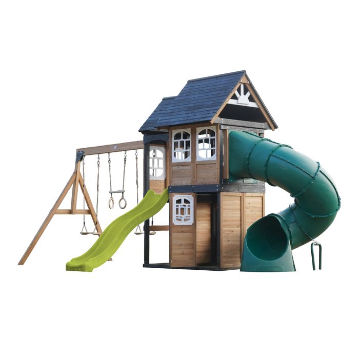 Aire de jeux - AXI - Noud - Maisonnette & club-house - 2 balançoires & trapèze - Toboggans 220cm tubulaire