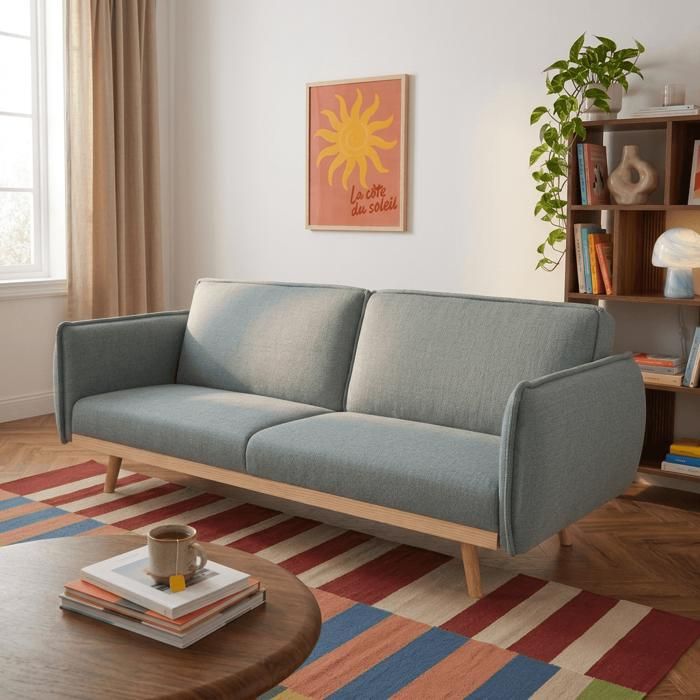 Canapé droit convertible VESTA 3 places tissu vert clair Canapé droit convertible VESTA 3 places tissu vert clair