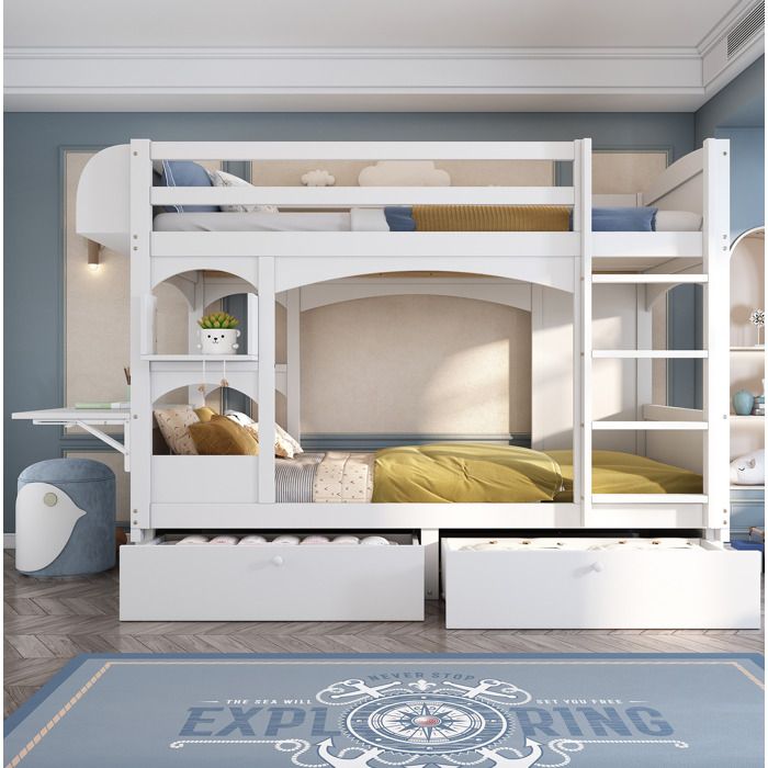 Lit superposé enfant en bois massif avec bureau rabattable et rangements