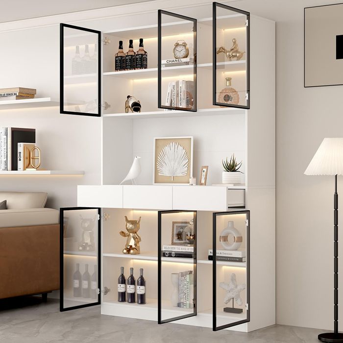 Vitrine bibliothèque - 120 x 36 x 200 cm - Blanc - Cadre porte noir - Éclairage LED contrôlable