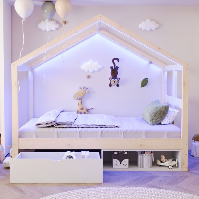 Lit Cabane Enfant 90×190 cm avec tiroirs et petit meuble à chaussures - éclairage LED - bois - Naturel