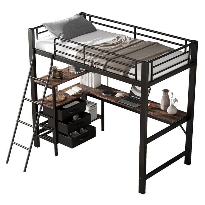 Lit Mezzanine Superposé-Noir-Noyer 90x200cm-3 Tiroirs-Table 2m-Échelle 4 Marches-Fer-Panneaux-Sans Matelas
