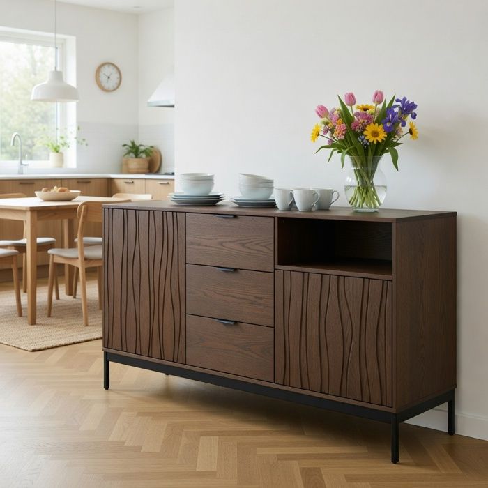 Buffet - 150 x 40 x 80 cm - Chêne foncé veiné - Décor ajouré - 3 tiroirs