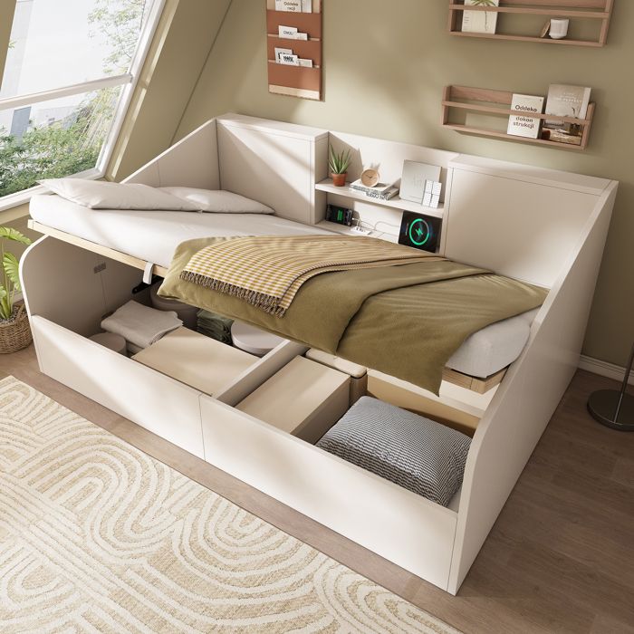 Lit de jour hydraulique 140x190 cm en blanc lit en bois avec 2 dépôts grand espace de stockage et station de chargement USB/Type-C