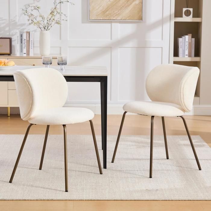 Lot de 2 chaises salle manger en chenille dossier incurvé enveloppant pieds métal bronze design moderne confortable crème