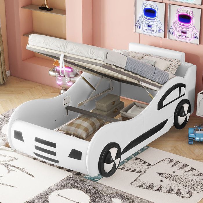 Lit Enfant 90x200 avec rangement sous le lit Lit Voiture Garcon avec à Lattes Lit Simple plataus PU Blanc (Sans Matelas)