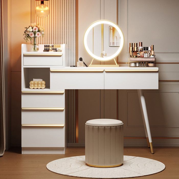 Coiffeuse avec plateau extensible 6 tiroirs poignées dorées miroir LED Avec lumière dimmable blanc102x100x41.5cm tabouret non inclus