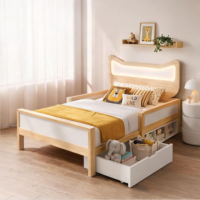 Lit enfant 90x200 cm à tête de chat LED RVB tiroir flexible et barrière de sécurité bois massif et soft white