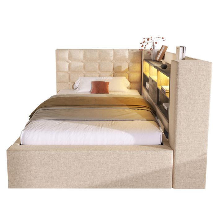 Lit une personne 90x190 cm tissu lin beige tête de lit L avec rangement sommier inclus éclairage LED