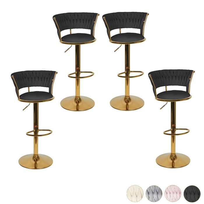 4PCS Noir tabouret de bar avec siège pour cuisine chambre Chaise de Bureau avec dossier Rotation 360° Hauteur réglable Pied doré