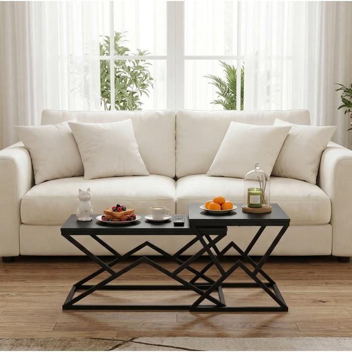 Table basse noire moderne 80 x 50 x 40 cm structure géométrique en métal et panneaux de particules