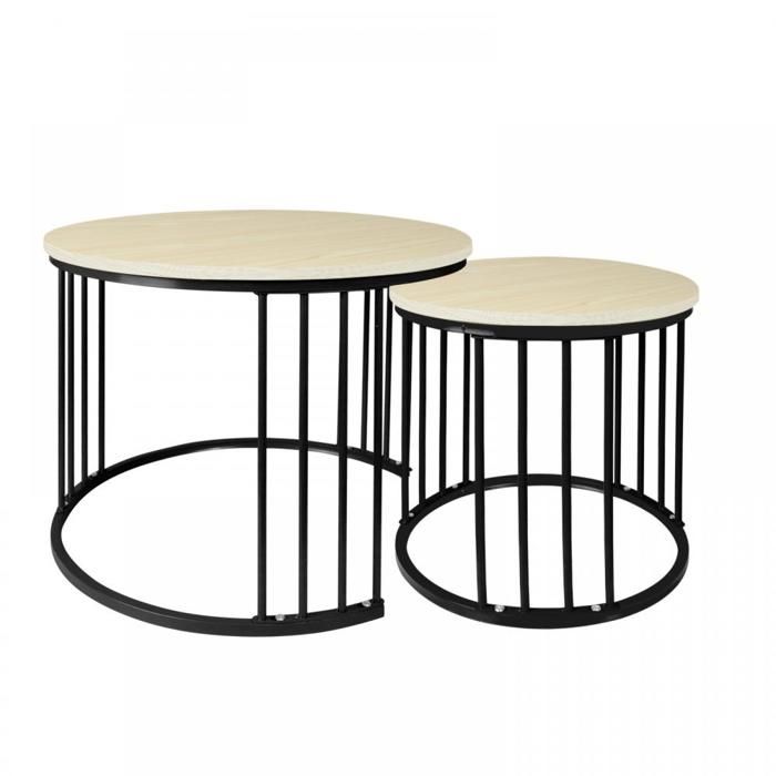KEDIA Lot de 2 Tables Basses gigognes 60*60*4540*40*38 avec espace de rangement Bois érable blanc + pied noir