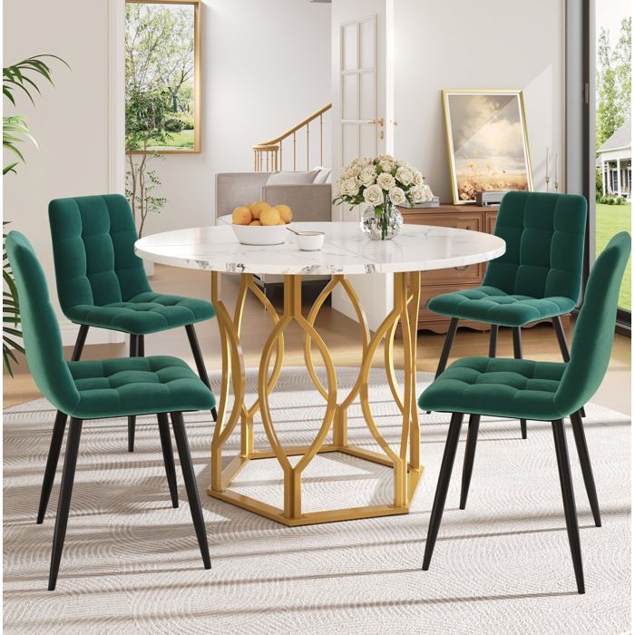 Table de Salle à Manger 4 Personnes avec 4 Chaises Ronde Effet Marbre - ELVMI - MDF et Velours Multicolore 100 cm