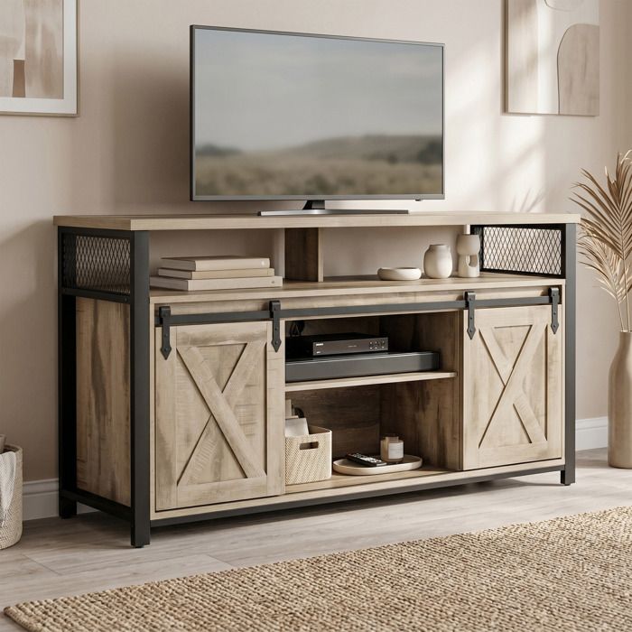 Meuble TV Industriel avec Portes Coulissantes et Rangement 135 x 40 x 76 cm Beige et Noir