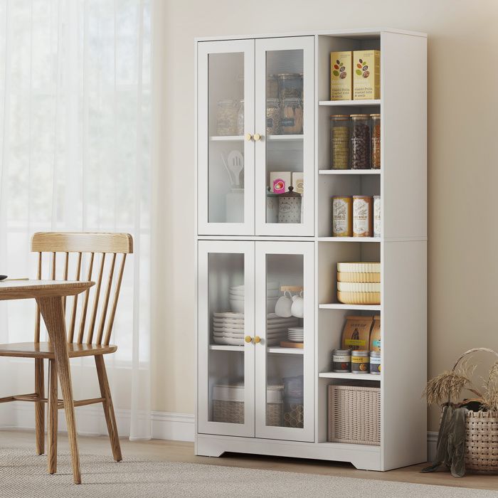 Buffet haut cuisine vaisselier vitrine avec 4 portes à fermeture douce en verre trempé 90x35x172cm blanc