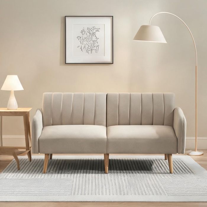 Canapé convertible scandinave 2 places en tissu lin beige dossier inclinable 3 positions
