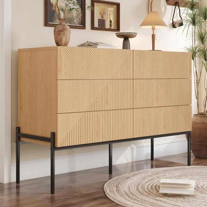 Commode - KOMHTOM - 6 tiroirs effet 3D - Aspect bois naturel - Pieds métal - Fermeture douce