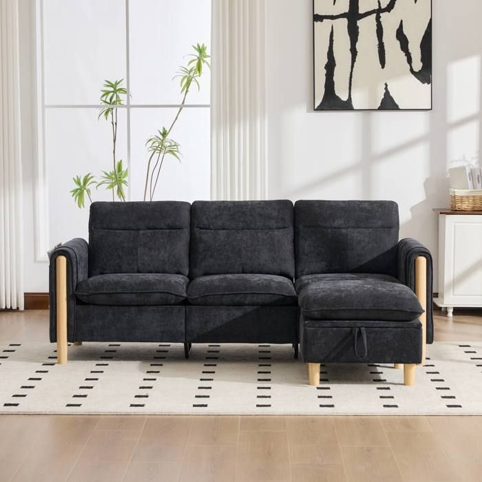 Canapé dangle réversible 3 places 201x77x86 cm pouf coffre modulable poches latérales chenille noire pieds en bois massif