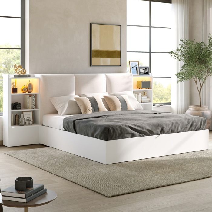 Lit coffre 180 x 200 cm blanc avec tête de lit rembourrée 6 rangements intégrés et éclairage LED