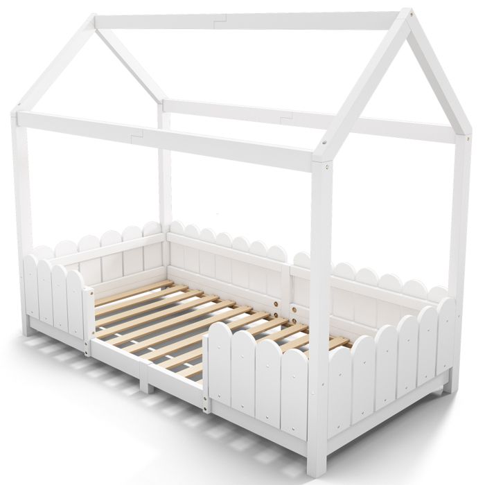 Lit cabane enfant 90x200 cm en bois avec toit barrière de sécurité et sommier blanc sans matelas