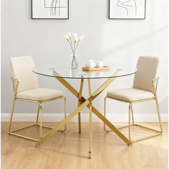Table à manger ronde 80 cm en verre trempé avec pieds croisés en métal doré pour 2 à 4 personnes moderne TYNQER