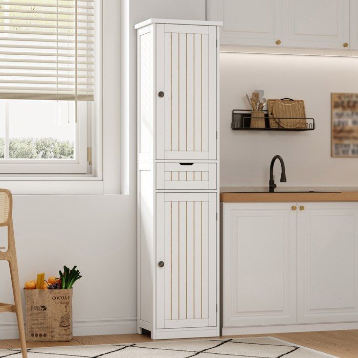 Maisentiel Armoire haute de cuisine 170 x 40 x 30 cm MDF blanc 2 portes 1 tiroir 4 étagères réglables