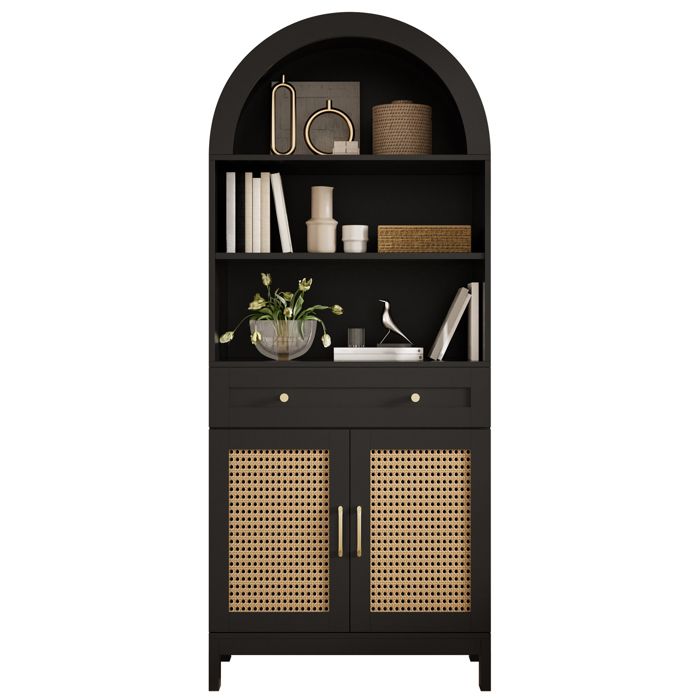 Meuble de rangement vitrine arche portes en rotin 70x40x170 cm 3 étagères 1 tiroir 2 portes noir effet bois FOLYNA