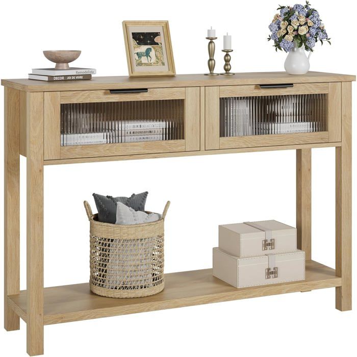 Table console étroite – 2 tiroirs vitrés - Étagère ouverte – Idéale entrée/salon/couloir – 110 x 30 x 80 cm -Natural