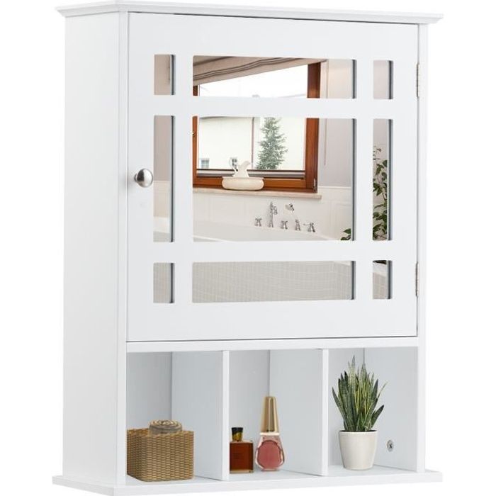 COSTWAY Armoire de Salle de Bain Murale avec Miroir Impérméable Fait en MDF avec 2 Etagères Réglables et 3 Compartiments Blanc