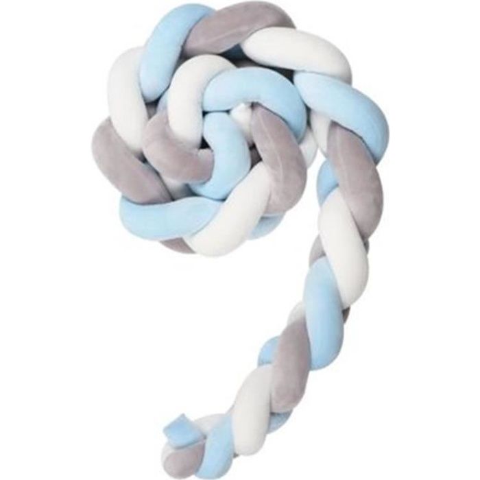 3M Tressée Tour De Lit Bébé Berceau Tissé À La Main Noué en Peluche Peluche Coussin Bumper Lit De Bébé -Gris+ blanc+Bleu