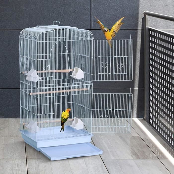 Cage à Oiseaux En Métal 45x45x60 Cm - Pour Canaris, Perruches, Petits Perroquets - Avec Mangeoires Et Perchoirs