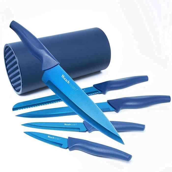 Wanbasion Bleu Set Couteaux de Cuisine avec Bloc, Set Couteaux de Cuisine en Acier Inoxydable, Bloc Couteaux Cuisine Professionnel