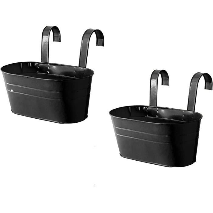 Lot De 2 Pots De Fleurs Muraux Suspendus Style Rotin - Balcon & Jardin, Noir, 26x20.5 Cm