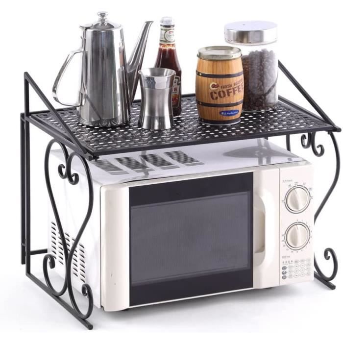 6 Crochets Inclus Étagère Micro-ondes 2 Niveaux Extensible - Acier Carbone 25kg | Avec 6 Crochets Rangement Cuisine Organisation Cuisine