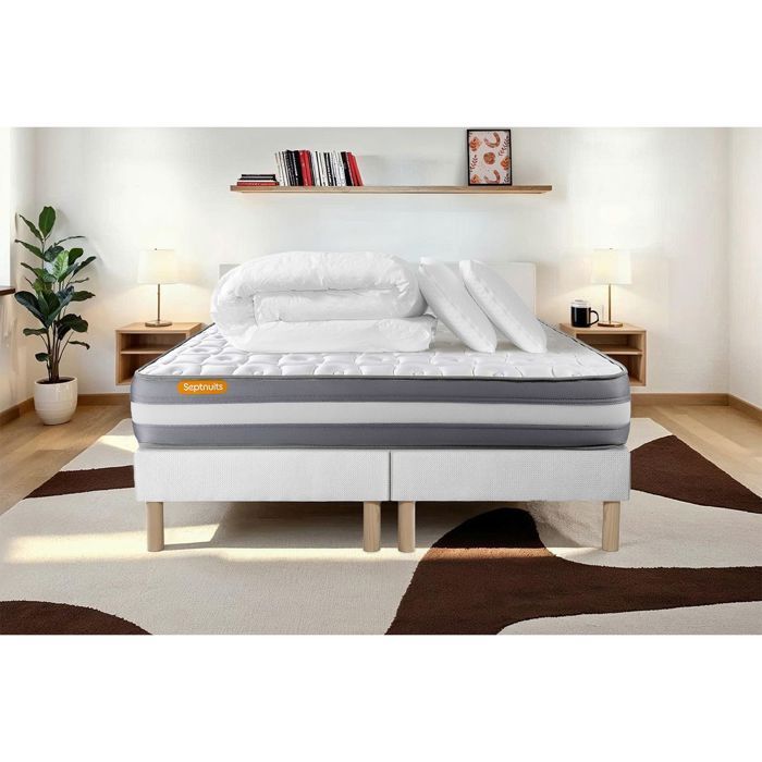 PACK matelas 180x200 + double sommiers 90x200 Memo Plus Mémoire de forme 3 zones + 2 oreillers + couette