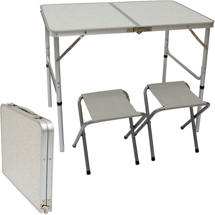 table de camping pliable réglable en hauteur 90x60x70cm incl 2 tabourets pliants format mallette gris clair