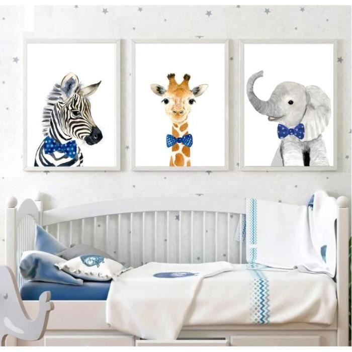 3 Affiche Elephant Girafe et Zebre Coloré Poster Chambre Bebe