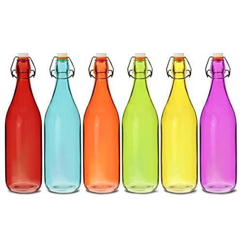 Bouteilles de verre coloré Couvercle basculant 1 litre Lot de 6 Rouge, bleu, orange, vert