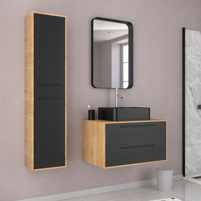 Meuble Salle de Bains 80 cm Vasque Rectangle Miroir et Colonne - Chêne naturel et Noir - UBY