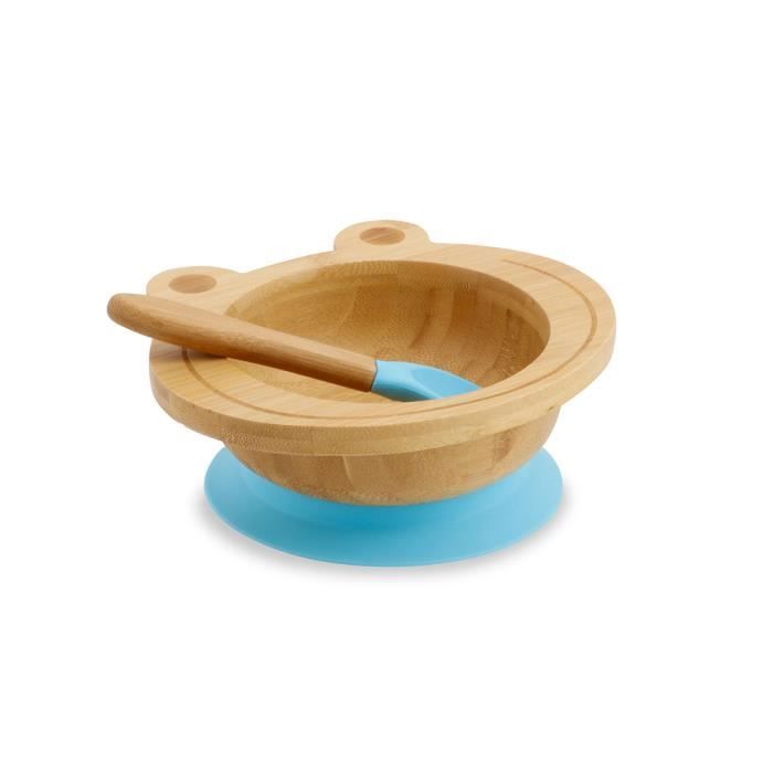VAISSELLE POUR ENFANTS - Ensemble de vaisselle en bambou avec ventouse - Bol avec cuillère, pour bébé, certifié FSC, grenouille blue